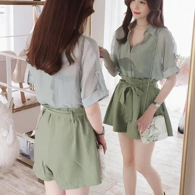 Summer  Women\'s 3 Pieces Sets Chiffon Blouse Tank And Elastic Waist Shorts Belt Female Set 2023 Casual Lady Suit