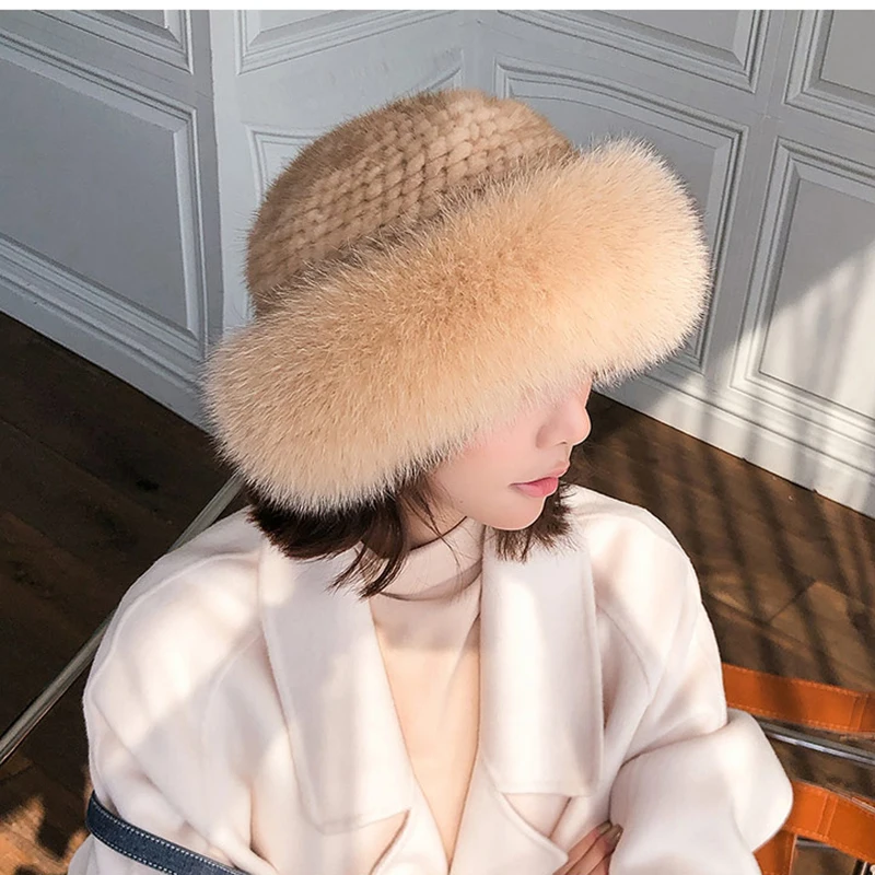 Winter mink fur Korean warm small round hat mink Hat Women's fashion fur ear protection basin hat fox fur fisherman hat