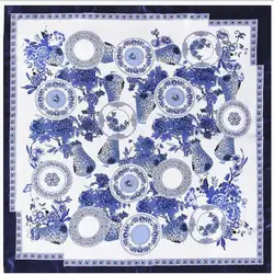 New 90cm Women Silk Scarf Chinese blue and white Porcelain Print Square Neck Scarves Lady Foulard Head Band Large Handkerchief