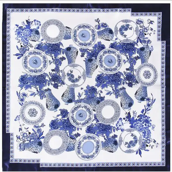 Nowy 90cm kobiety jedwabny szalik chiński niebieski i biały nadruk porcelanowy kwadratowy szaliki Lady Foulard opaska na głowę duża chusteczka