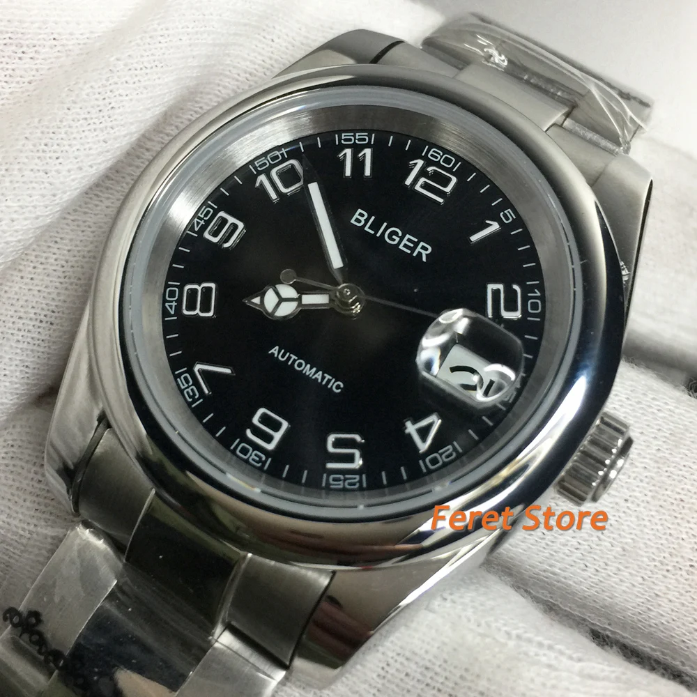 

BLIGER 39mm Black Automatic Men Watch 21 Jewels MIYOTA 8215 Movement Sapphire Crystal Steel Band Date Display