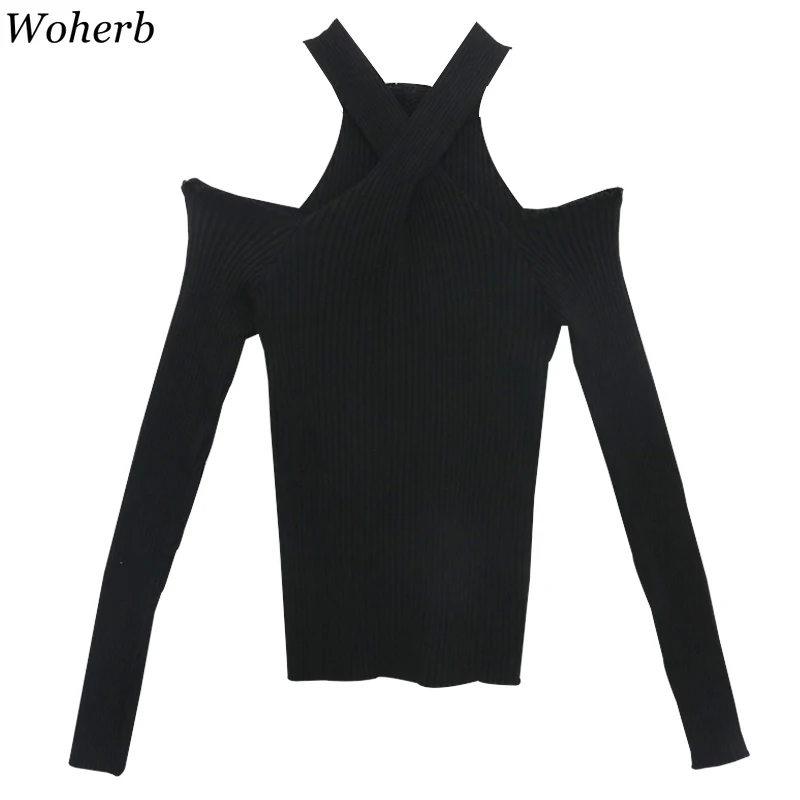 Woherb Y2K 2024 Spring Autumn Sexy Hollow Off-Shoulder Knitted Tops Solid Ladies Korean Clothes Sweater Pullovers Jumper