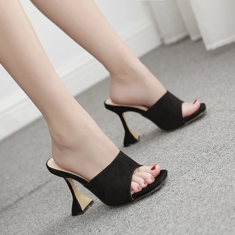 Elegant Woman Outdoor Square Toe Slippers Fashion Serpentine Cup-shape High Heel Summer Lady Slip-On Slide Shoes