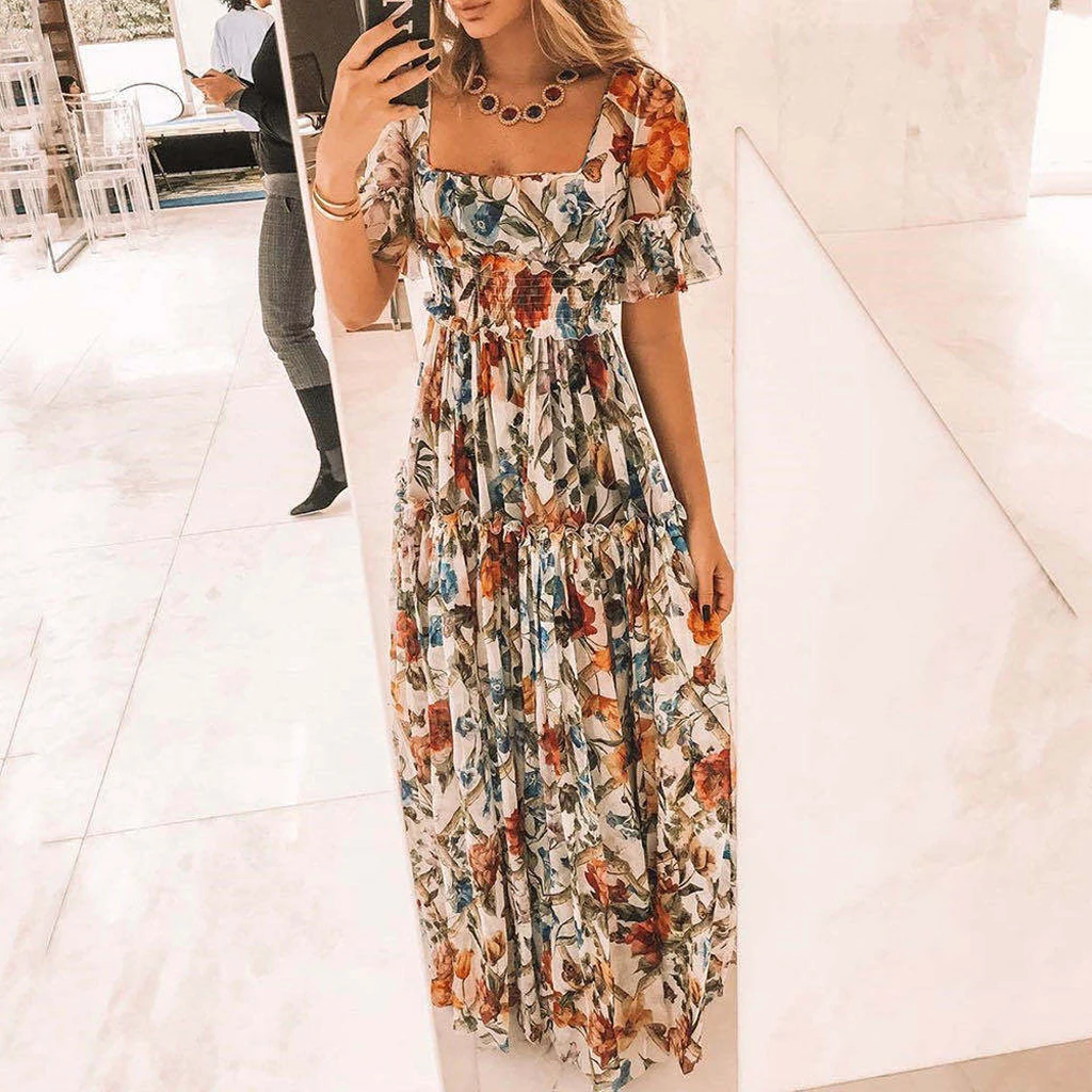 Zomer Strand Jurk Vrouwen Casual Korte Mouw Vierkante Kraag Elastische Taille Hoge Taille Bohemian Bloemenprint Maxi Jurk Plus Size