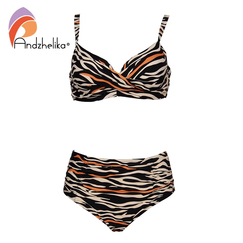 Andzhelika Zebra Stripe High-Waisted Bikini Sets 2023 Women Heart Neck Two Pieces Swimsuits Push Up Sexy Beach Bathing Suits