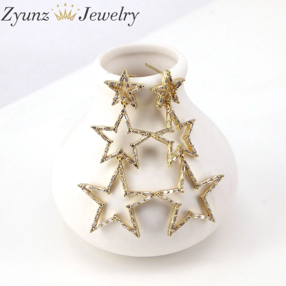 3 Pairs, Korean Style CZ Pave Star Earrings For Women Crystal Zircon Stars Earring Party Jewelry