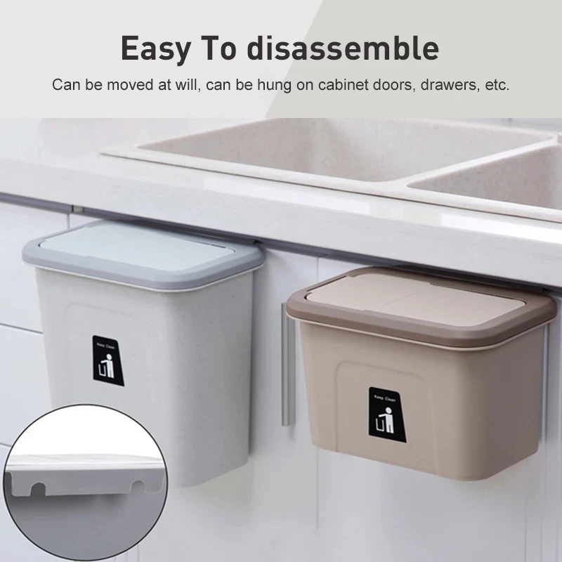 5L Kitchen Cabinet Door Hanging Waste Bin Trash Can With Lid Wall Mounted Garbage Under Sink Bathroom Toilet Waste Storage Bin