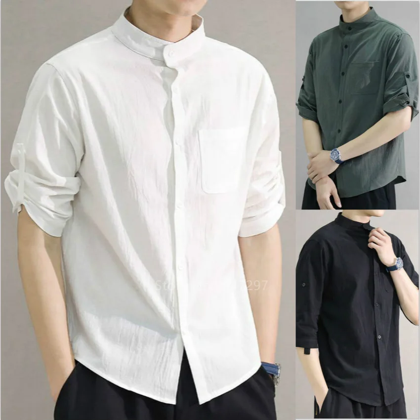 

Chinese Linen Tang Suit Top for Men Casual Summer Folded Short Sleeves Stand Collar Solid Color Shirt Retro Traditional Clothing