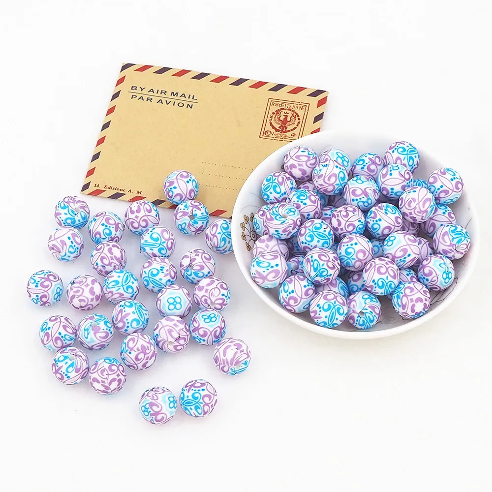 Chenkai 100PCS 15MM Silicone Christmas print Beads Baby Round Shaped Beads Teething BPA Free DIY Sensory Chewing Toy Accessories