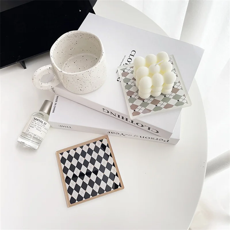 Ins Square Acrylic Coaster 11cm Nordic Placemats Checkerboard Photography Props Mug Cup Mat Heat Insulation Coffee Dessert Plate