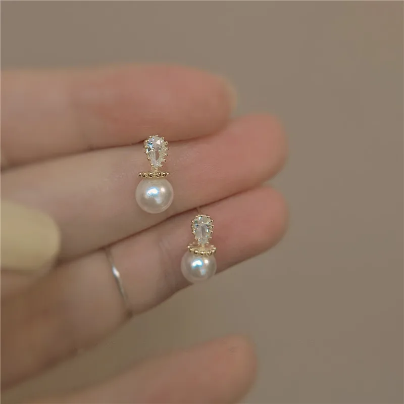 925 Sterling Silver Japanese Water Drop Crystal Pearl Plating 14k Gold Stud Earrings Women Small Fresh Charm Party Jewelry