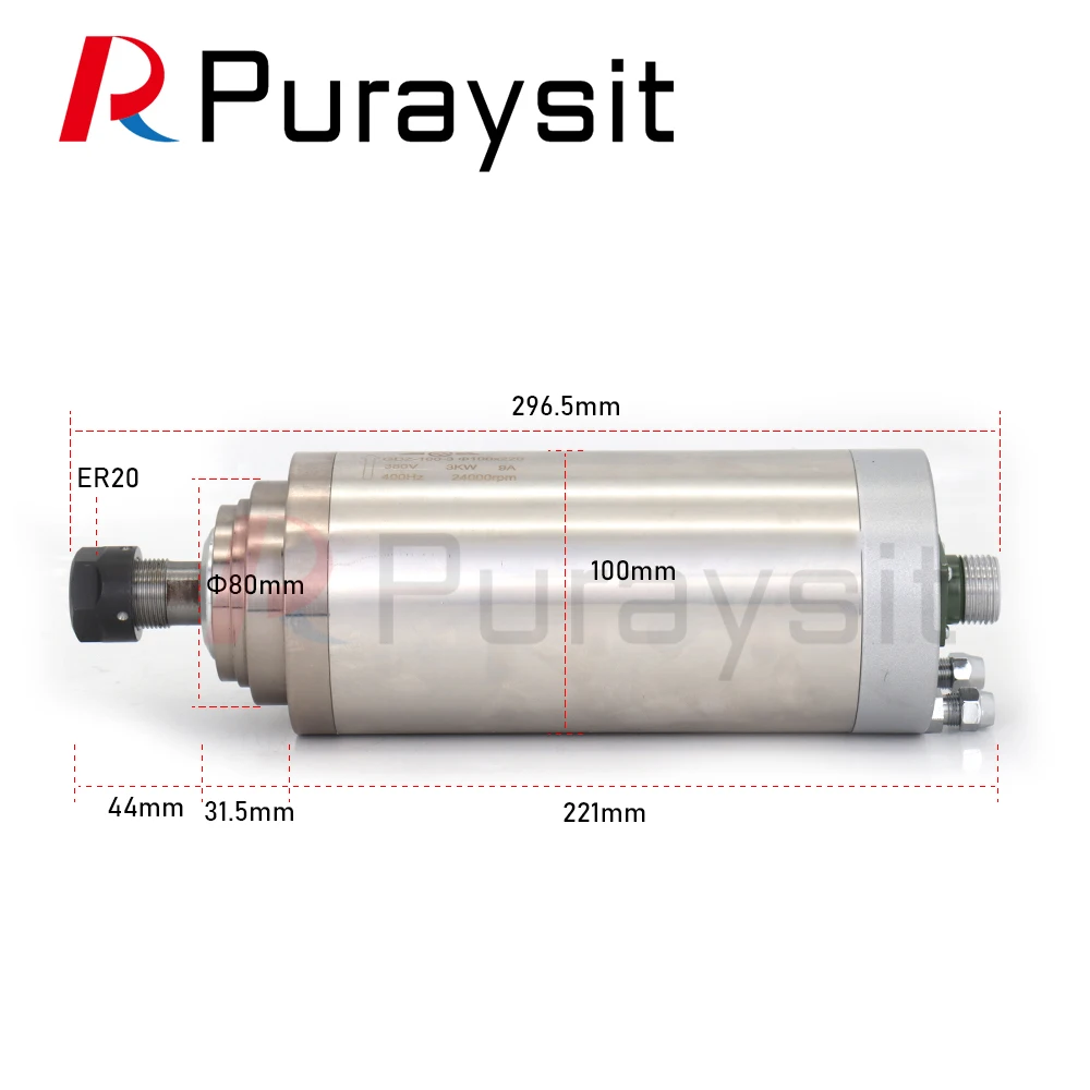 Puraysit Water Cooling Spindle GDZ-100-3 3KW 380V 9A 24000RPM 220V 12A CNC Spindle Motor Dia.100mm ER20 400Hz