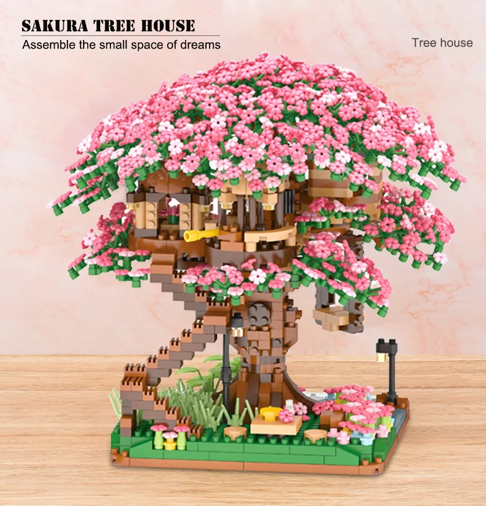 Juego de bloques de construcción modelo Sakura Treehouse para niña adulta, 2008 piezas, bricolaje, creativo, flor de cerezo, casa del árbol, regalo de decoración