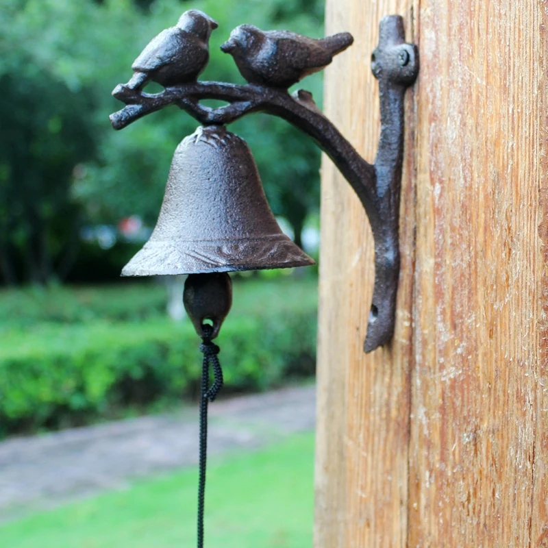 Two Fat Birds On Branch Cast Iron Wall Bell Rustic Home Garden Wall Mounted Hand Cranking Welcome Door Bell Green Yellow Bell