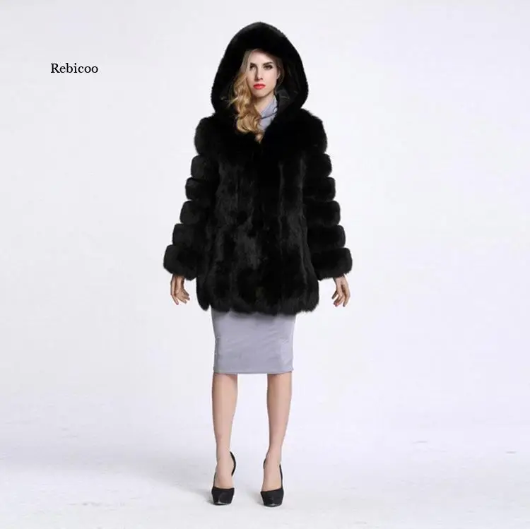 Winter New Luxury Faux Silver Fox Fur Coat Women Hooded Front Zipper Furry Warm Winter Faux Fur Jacket Office Lady Fur Coats