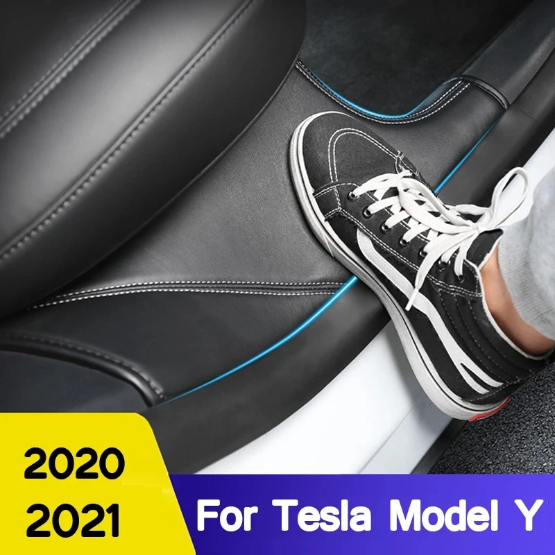 Car Door Sill Protector For Tesla Model Y Leather Bumper Strip Anti Kick Pad For Tesla Model 3 Side Edge Film Stickers