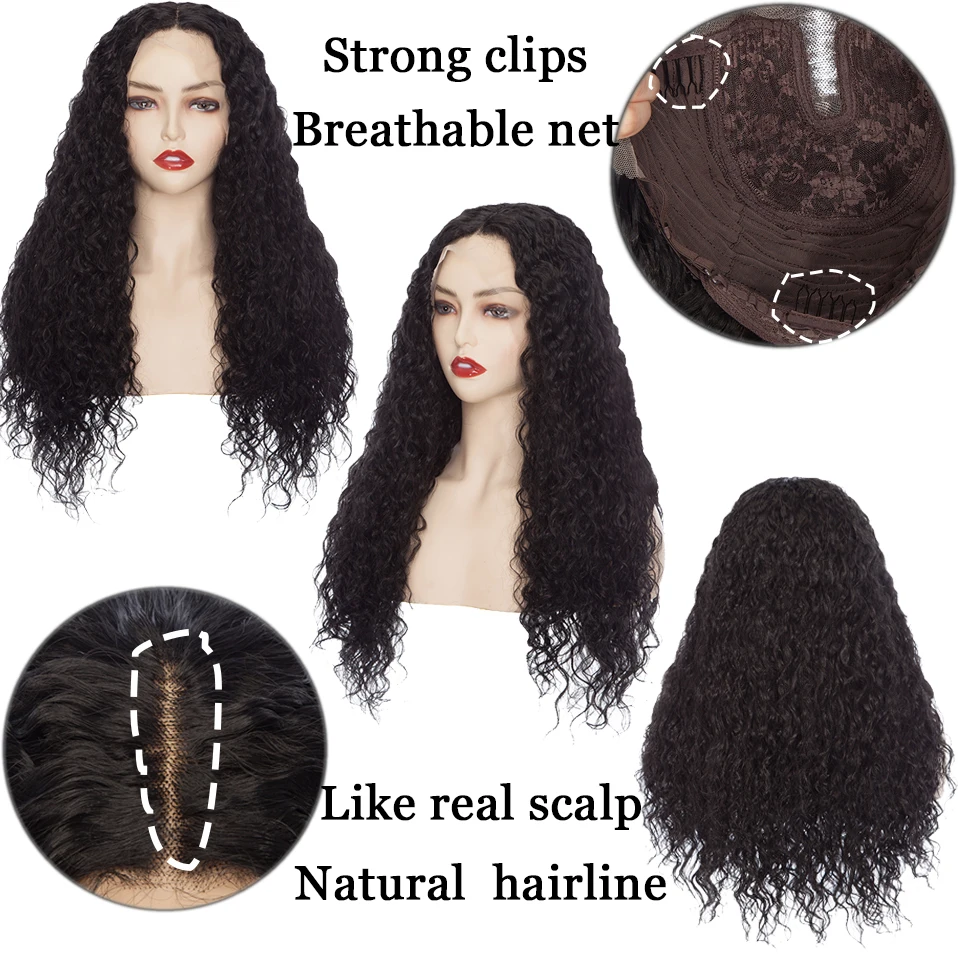 HAIRRO Deep Wave Frontal Wig Transparent Lace Wigs Long Curly Black Synthetic Wigs For Women T Part Brazilian Baby Hair Wig