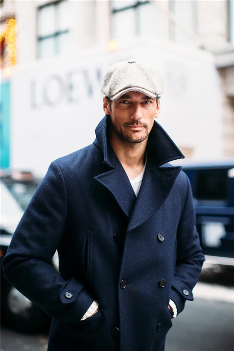 Men\'s Woolen Good Quality Coat Navy Blue Winter Warm Solid Double-Breasted Thick Plus V-Neck Overcoat Casual Male Overcoat