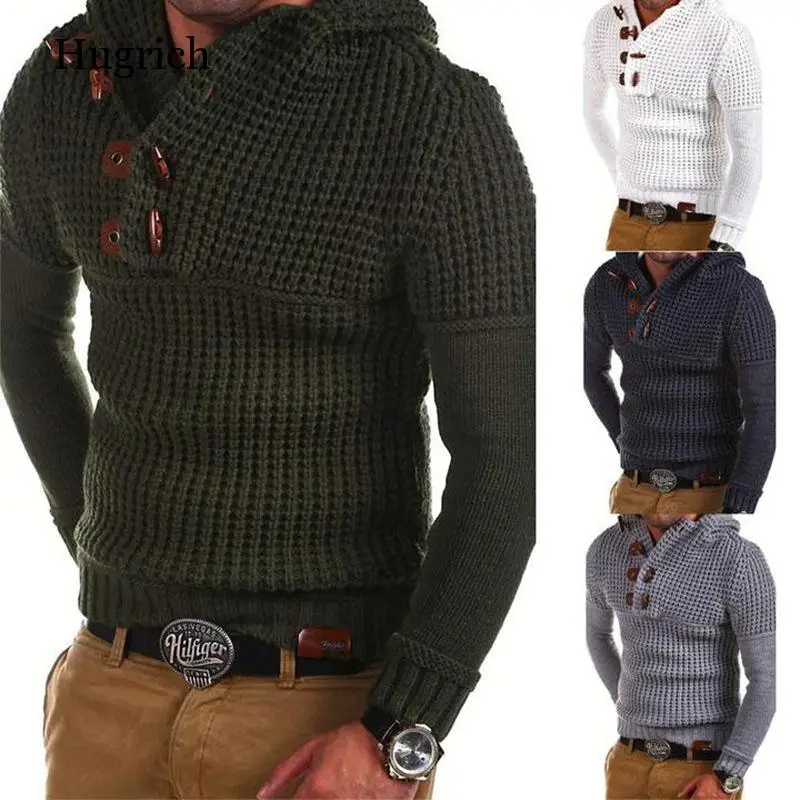 Pull à col roulé en coton avec capuche pour homme, tricot épais et chaud, manches longues, coupe ajustée