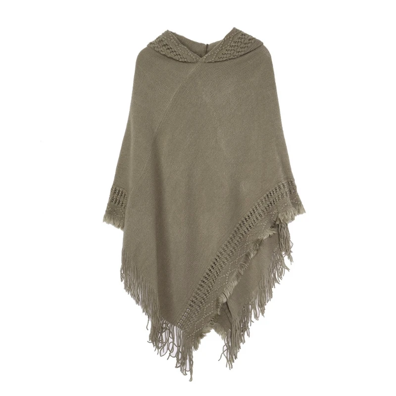 

Women Winter Knit Hooded Poncho Cape Crochet Fringed Tassel Shawl Wrap Sweater 1XCA