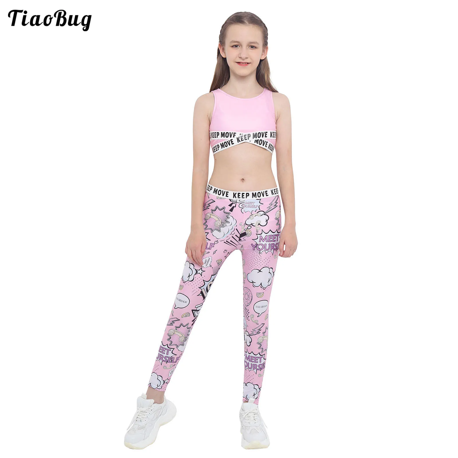 TiaoBug Summer 2Pcs Kids Girls Sport Suit Round Neck Sleeveless Letters Print Crop Top Cartoon Graffiti Print Pants Trousers Set