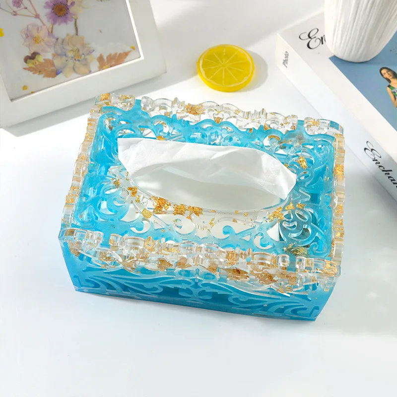 DIY Tissue Box Crystal Epoxy Resin Mold Pumping Tray Mold Hollow Pattern Storage Car Tissue Box Silicone Mold