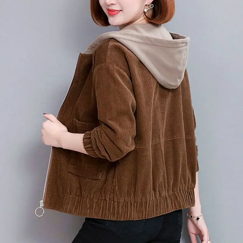 Vintage Corduroy Short Jacket Women Autumn 2022 New Korean Fashion Casual Stitching Hooded Short Jackets With Lining Velvet Coa