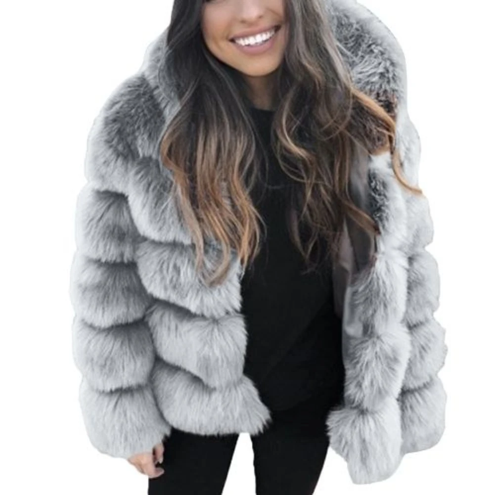 Women Thicken Warm Fluffy Hooded Coat Long Sleeve Faux Fur Jacket Outerwear Ladies solid color short with plush winter coat