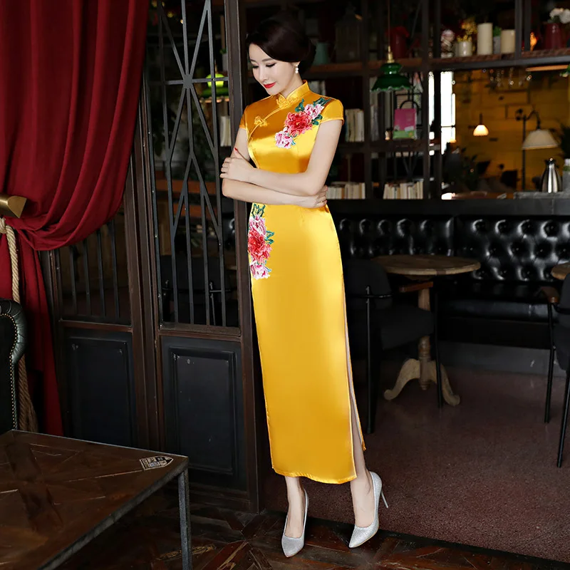 

Yellow Satin Long Chinese Dress Mandarin Collar Qipao Female Embroidery Floral Retro Button Oriental Cheongsams Slim Vestidos