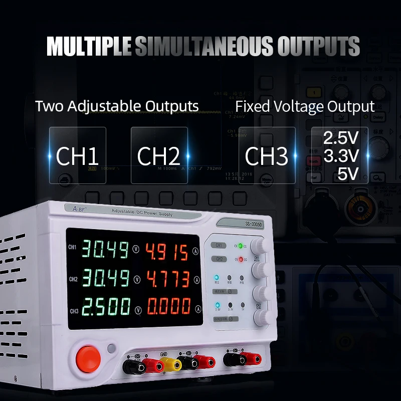 A-BF DC Lab Power Supply Banco Fonte, Regulador de Tensão Estabilizado, Quatro Dígitos Multi Channel, Três Way Banco de Energia, 30V, 3A, 5A