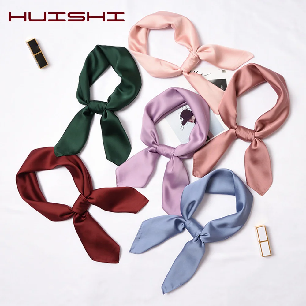 HUISHI Silk Scarf Women Fashion Solid Color Square Scarf Silk Wraps Elegant Spring Summer Head Neck Hair Tie Band Neckerchief