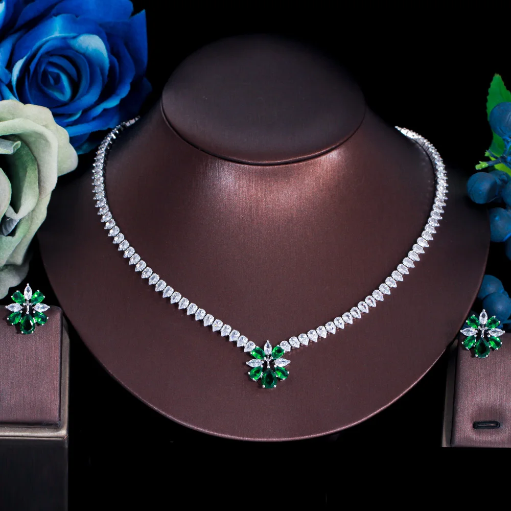CWWZircons Glänzendes Gelbes CZ Damen Party Verlobungs- und Hochzeitsschmuckset mit Blumen-Halskette und Ohrringen, Brautjungfern-Geschenk, Großhandel T0792 – Detail 8