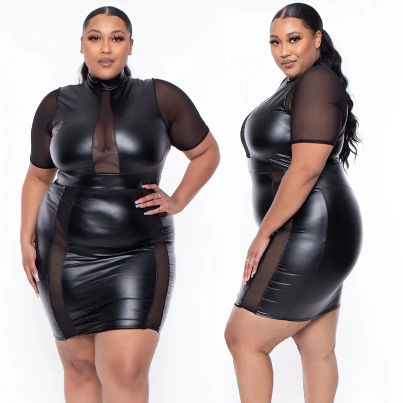 Plus Size abito nero 5xl Dropshipping all'ingrosso Sexy Mesh Pu Patchwork eleganti abiti al ginocchio per donna moda Strretwear