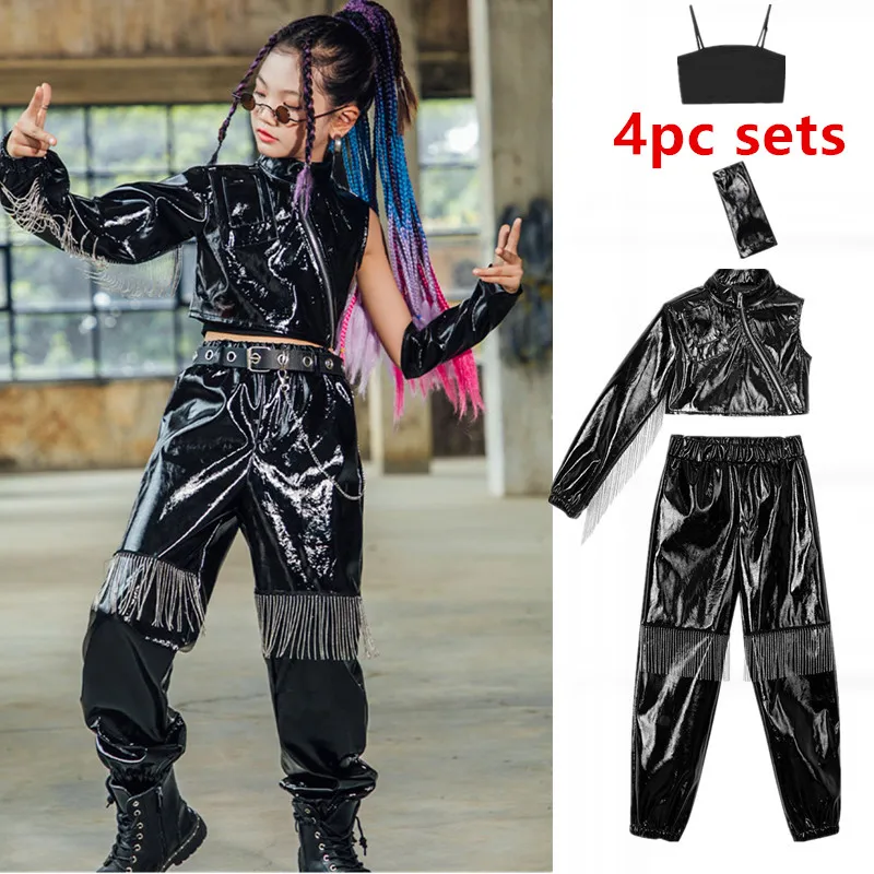 

Fashion PU Leather Tassel Outfit Girls Catwalk Show Stage Costume Children Jazz Hip Hop Dancing Performance Ballroom Costume