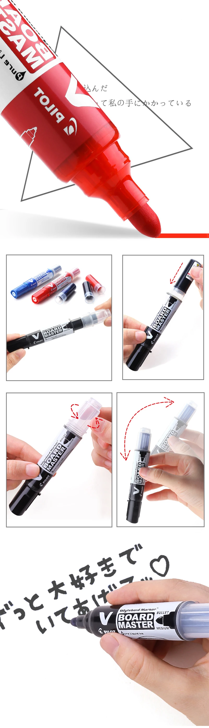 6-teiliger Pilot-Whiteboard-Marker ist umweltfreundlich und ungiftig, 2,3 mm (mittlere Kugel), nachfüllbare Tinte für Klassenzimmerbedarf – Detail 2