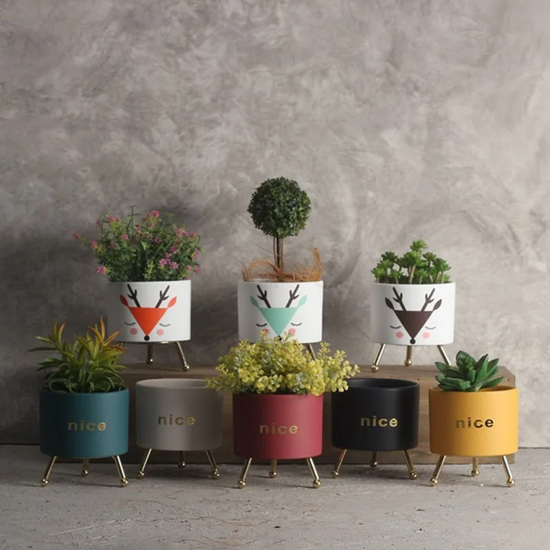 NordIc Style Porcelain Succulent Flowerpot Cute Animal Pattern or Solid Color Flower Pot Rack Vase Office Desktop Ornaments