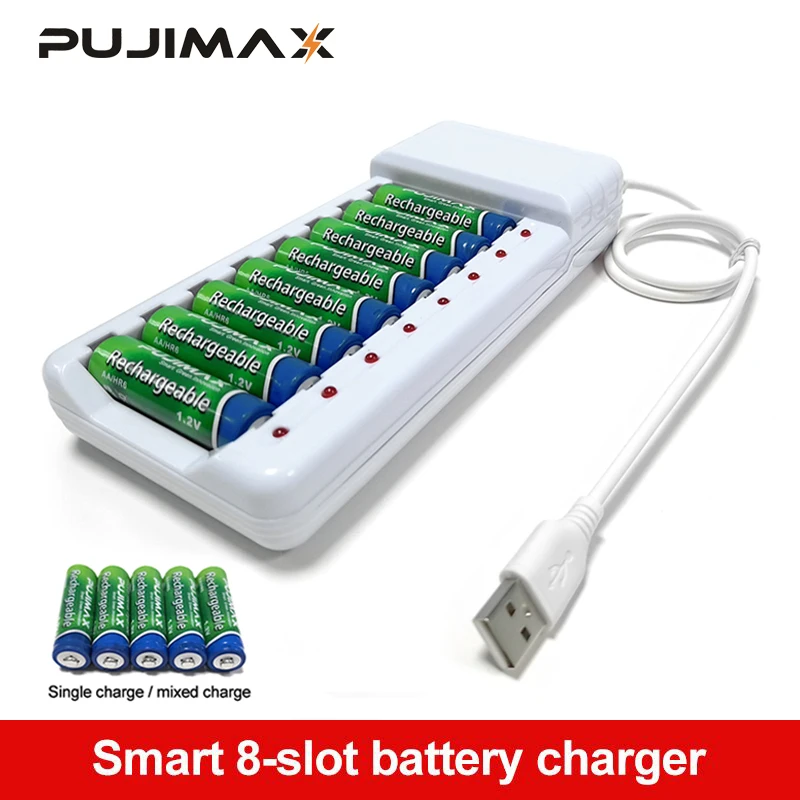 PUJIMAX cargador de batería recargable, salida USB, 8 ranuras, carga rápida, protección contra cortocircuitos, adecuado para herramientas de batería