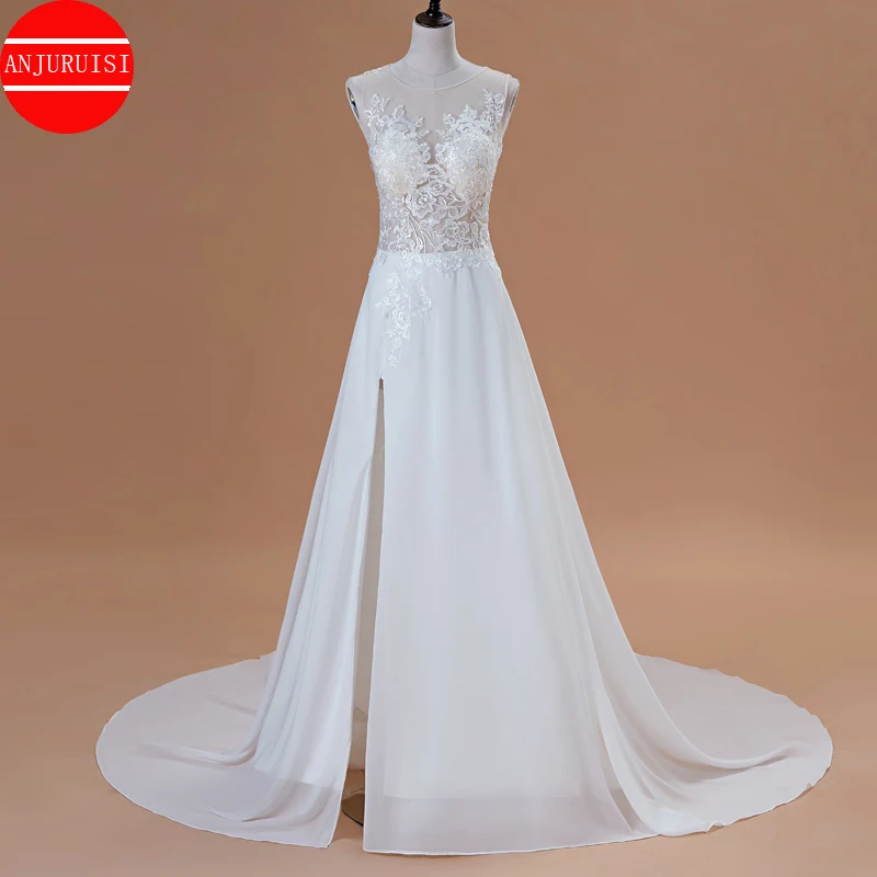 Sexy Beach Wedding Dress 2020 O Neck Lace Applique Chiffon Bridal Gown with Buttons Side Split vestido de noiva A Line Summer