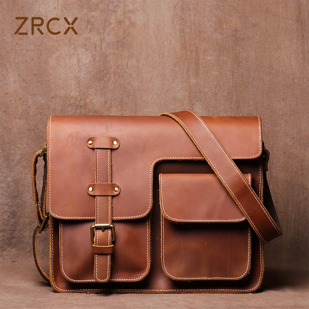 ZRCX Men\'s Vintage Crossbody Bag Genuine Leather Casual Shoulder  Retro Messenger Hight Quality Bag For 12.9-Inch Laptop