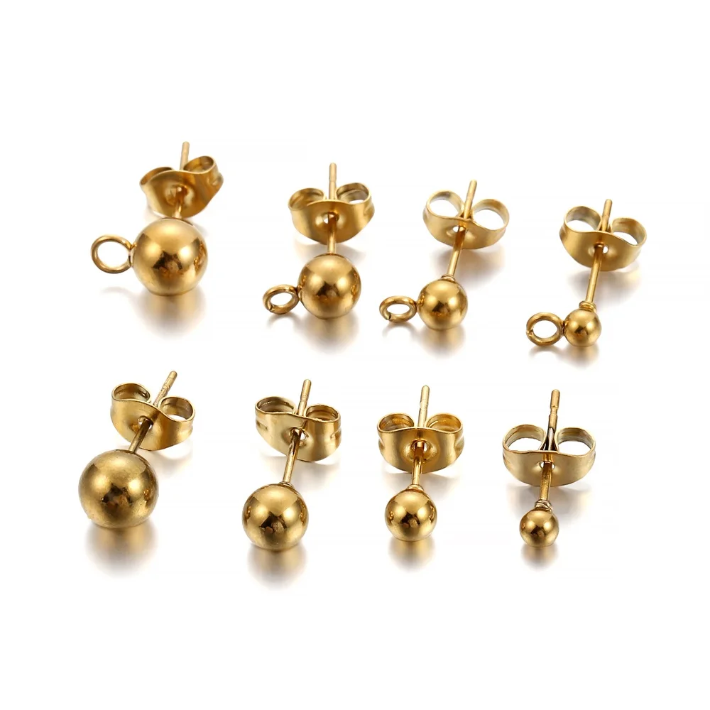 20pcs/lot Gold Stainless Steel Round Ball Earring Post Stud With Earring Plug Findings Ear Back For DIY Jewelry Making Supplies