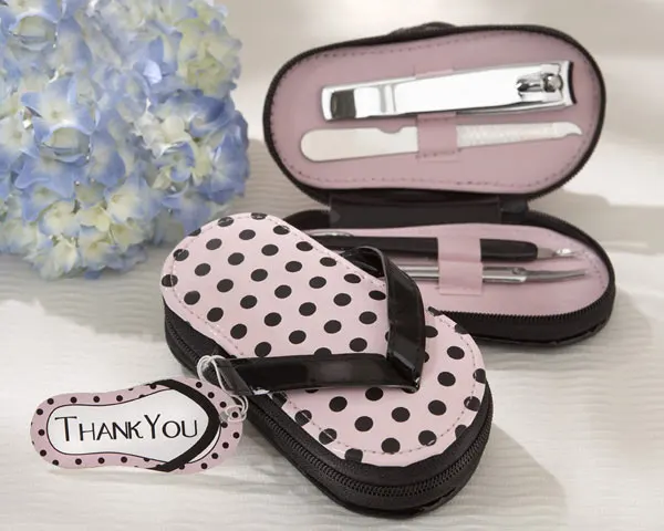 (15 Sets/Lot) Wedding and Party gift for guests of Pink Polka Flip Flop Pedicure Set and Nail Clipper Bridal Shower favors