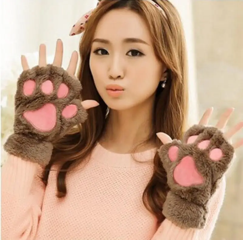 Cat\'s Paw Gloves Ladies Winter Korean Cute Girls Fingerless Thick Warm Bear\'s Paw Plush Half-Finger Fashion Gloves