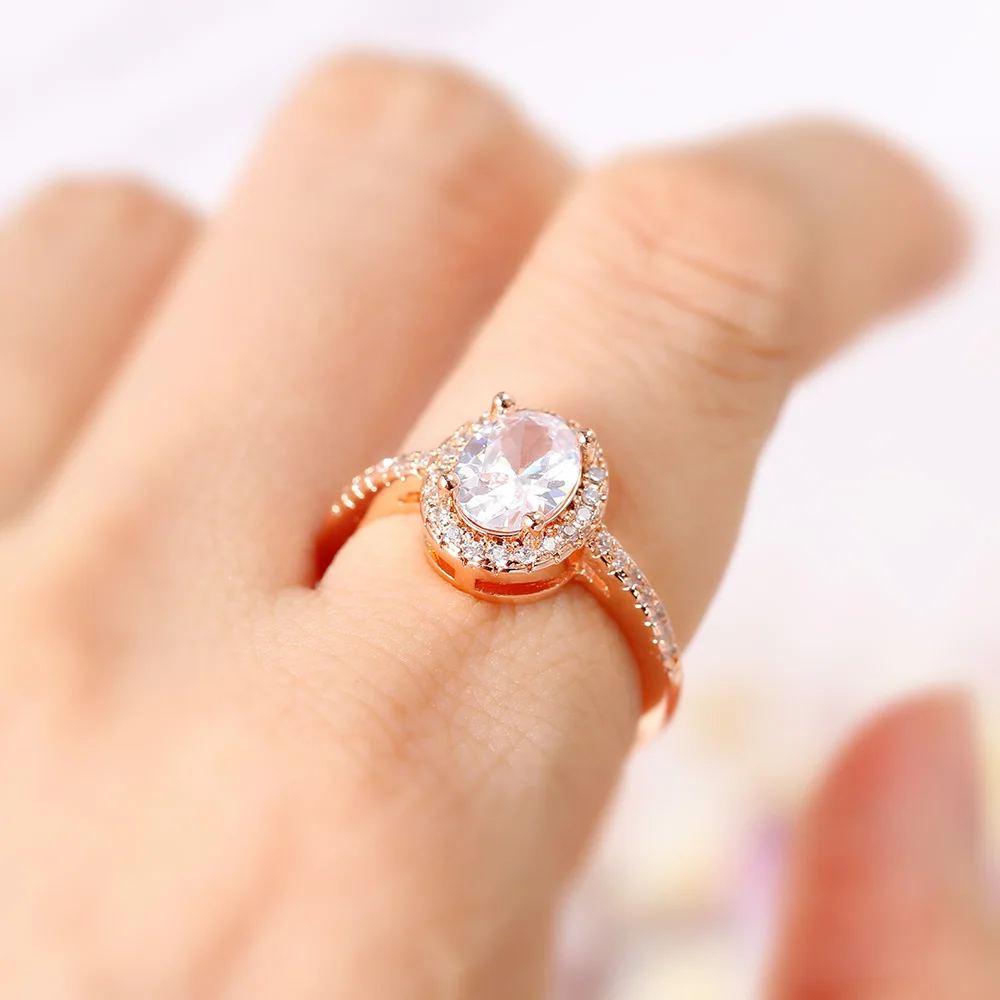 Wedding Engagement Ring for Women Oval Crystal Moissanite Promise Ring Rose Gold Color Marriage Bride Jewelry Accessories OHR078