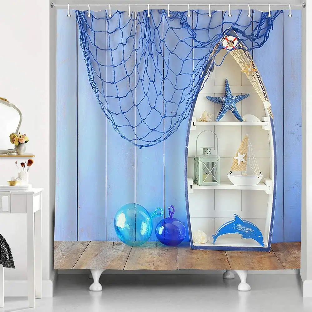 

Nautical Shower Curtain Wooden Blue Old-Fashioned Boat and Fishing Net Bathtub Screen Waterproo Bathroom Bath Curtains with Hook