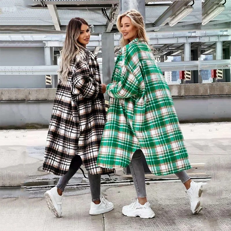 Autumn Plaid Jacket Women European American Overshirt Long Checkered Shirt Jacket Fashion Single-Breasted Plaid Shirt Cardigan