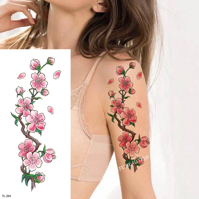 Beauty Colorful Flower Lotus Black Rose Waterproof Temporary Tattoo Body Art Arm Sleeve Water Transfer Fake Women Sticker