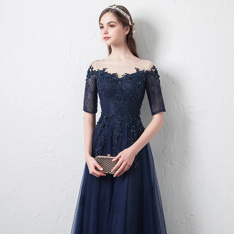 Robe de soiree Navy Blue A Line Boat Neck Beading Long Evening Dresses Elegant Tulle vestido de festa Banquet Party Prom dresses