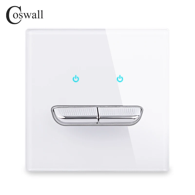 COSWALL 1/2/3/4 Gang 1/2 Way Toggle On / Off Wall Light Switch Blue Backlight Data CAT6 HDMI USB Charging Glass Panel White