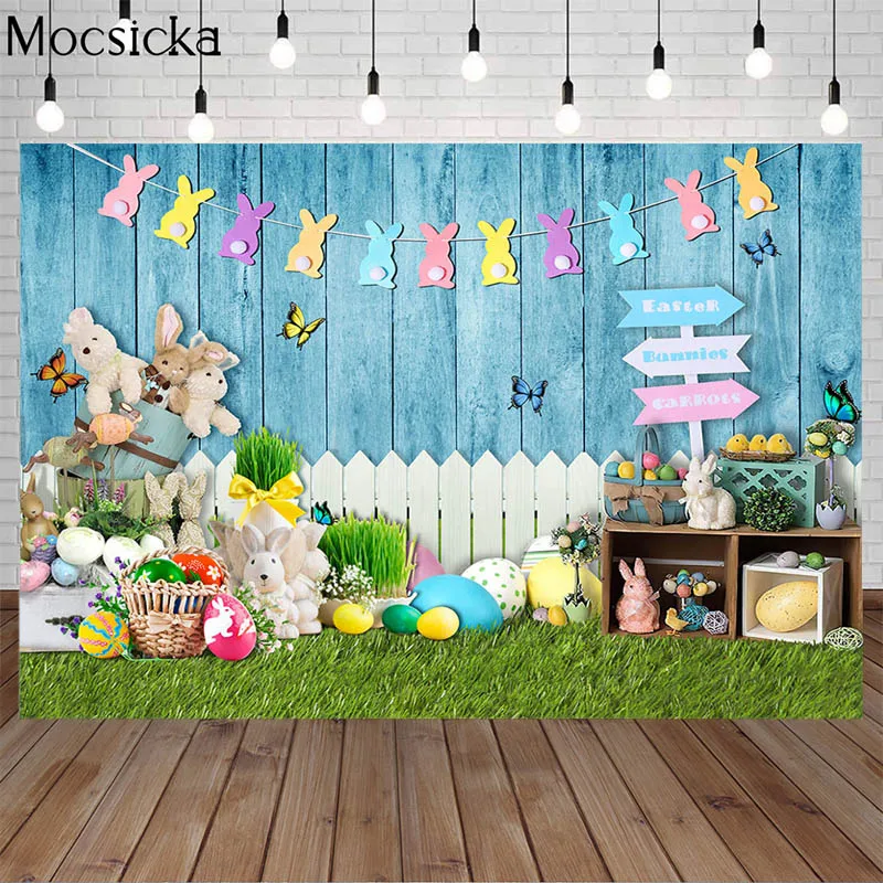 

Moscicka Easter Photography Backdrop Spring Plants Rabbit Egg Bunny Children Birthday Photo Background Shooting Photocall Studio