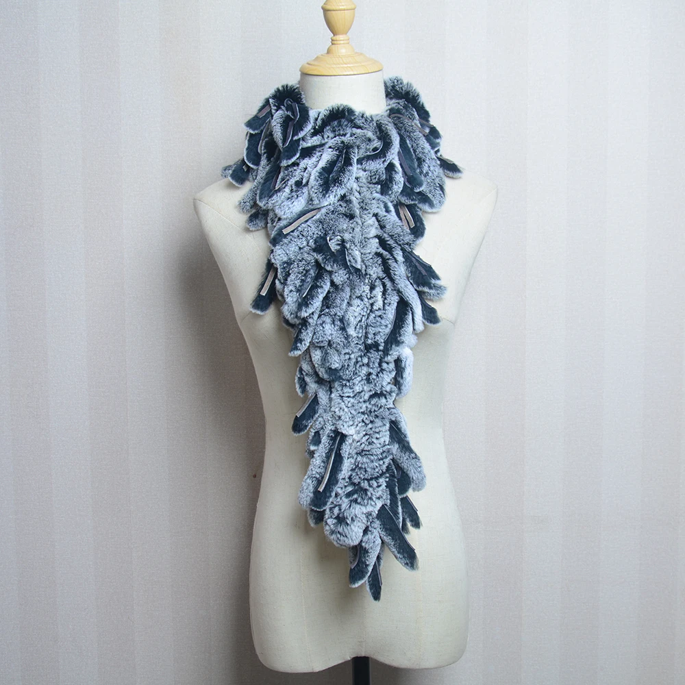 Novo estilo de inverno senhora quente genuíno rex pele de coelho cachecóis mulheres malha 100% natural pele scarfs moda elegante borla pele cachecóis